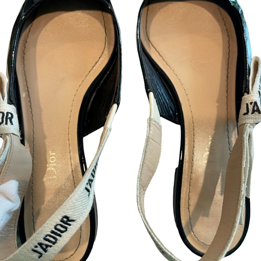 CHRISTIAN DIOR J'adior 100mm Black White Ribbon Patent Leather Slingback Flat 36 - Picture 4 of 11